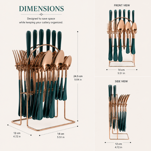 Emerald Gold Cutlery -Stainless Steel Cutlery Set with Stand: 24pc