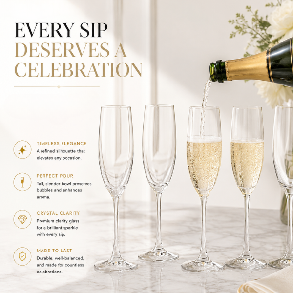 Elegant Crystal-Clear Champagne Flutes – Set of 6 Sparking Wine Glasses