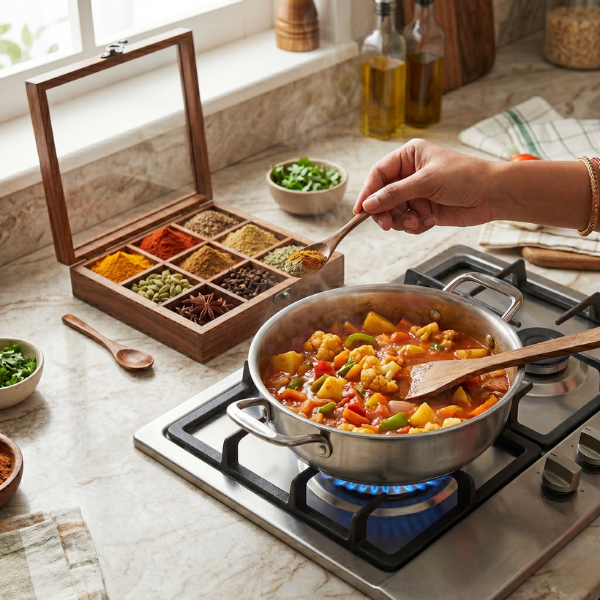 Sheesham Wood Masala Box with 9 Compartments, Glass Lid & Wooden Spoon