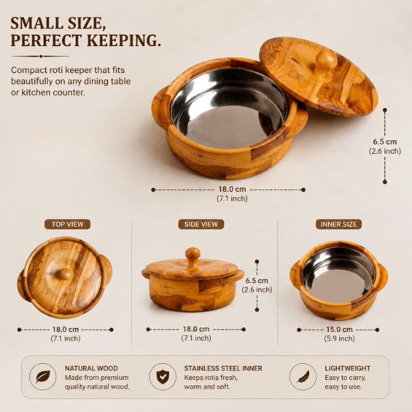 Small Wooden Roti Server – Insulated Hot Pot with Natural Wood Grain Finish