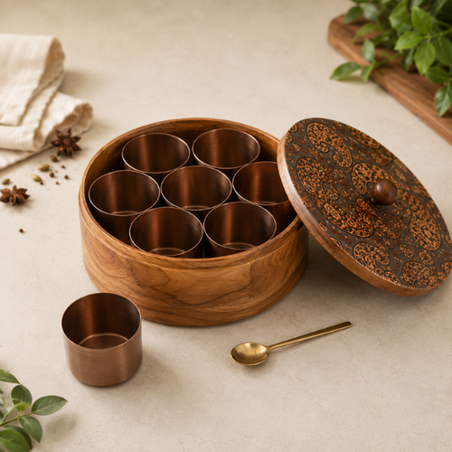 Round Wooden Spice Box – Designer Masala Danni with Copper-Tone Insets & 7 Metal Containers