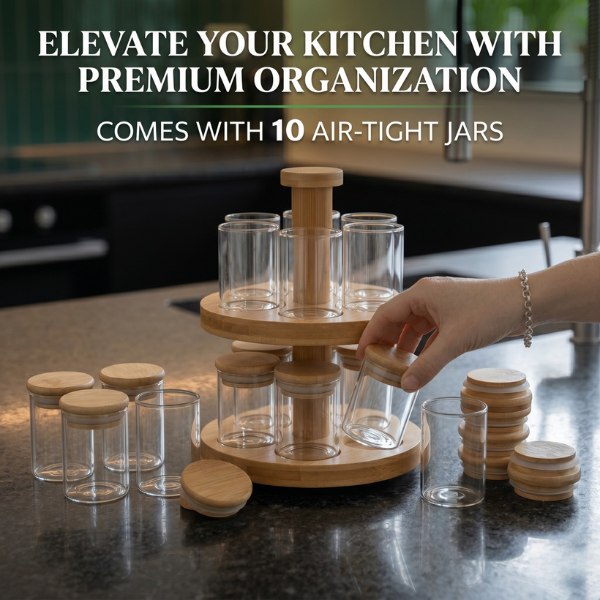 Premium Bamboo & Glass Revolving Masala Rack – 360° Spinning Kitchen Storage with 12 Jars