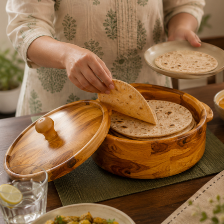 Large Wooden Roti Server – Insulated Hot Pot with Natural Wood Grain Finish