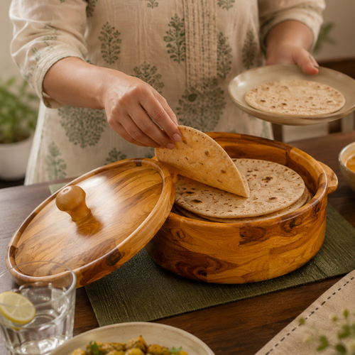 Large Wooden Roti Server – Insulated Hot Pot with Natural Wood Grain Finish