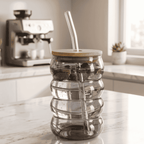 Smoky Grey Ribbed Glass Tumbler Set of 2 with Lid & Straw