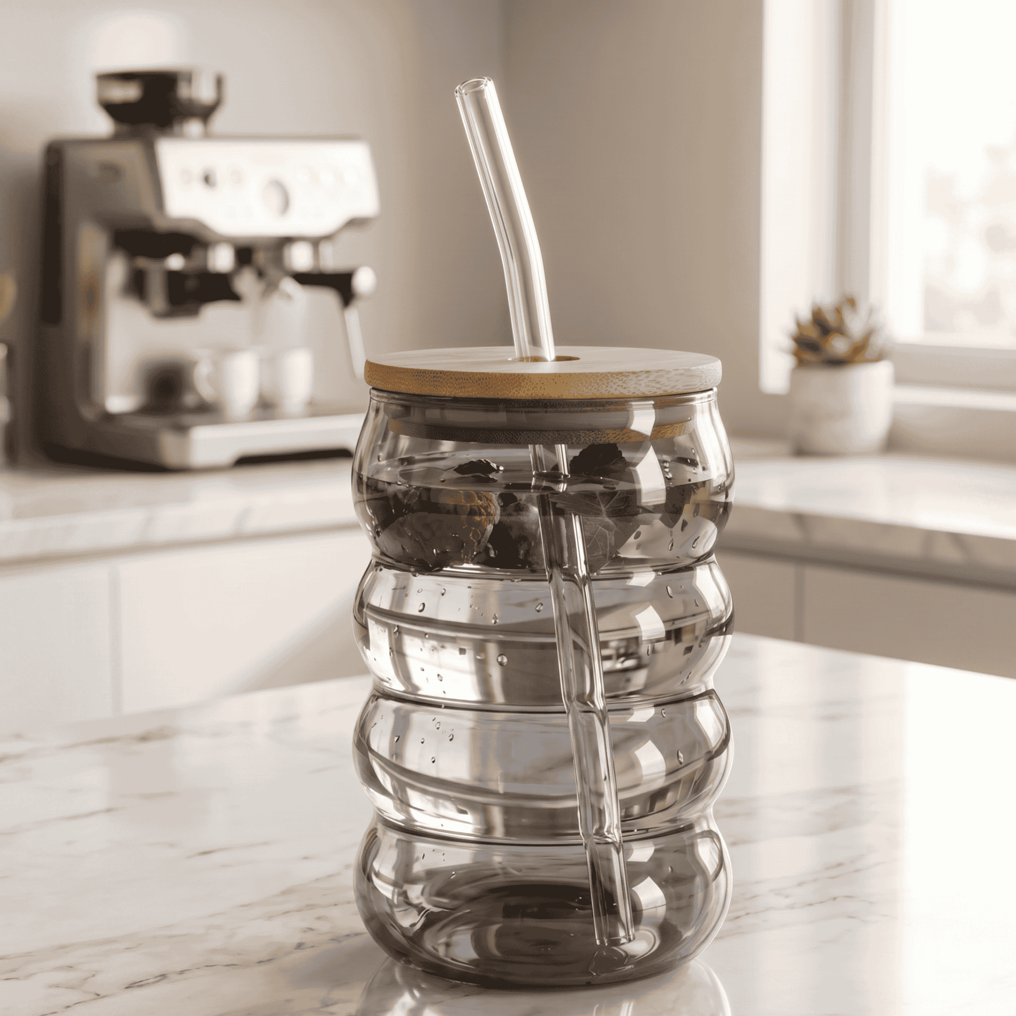 Smoky Grey Ribbed Glass Tumbler Set of 2 with Lid & Straw