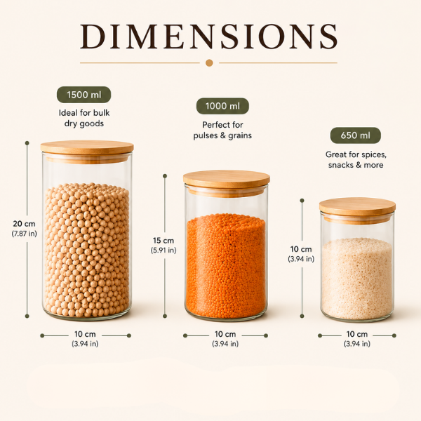 Square Borosilicate Glass Storage Jars – Airtight Food Containers for Pulses, Rice & Grains, Set of 3