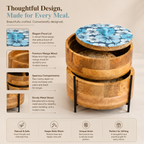 2-Tier Stackable Wooden Roti Box with Iron Stand & Floral Enamel Lid