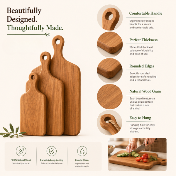 Wooden Paddle Chopping Board Set of 3 with Handle | Solid Wood Cutting Board, Kitchen Chopping & Serving Boards