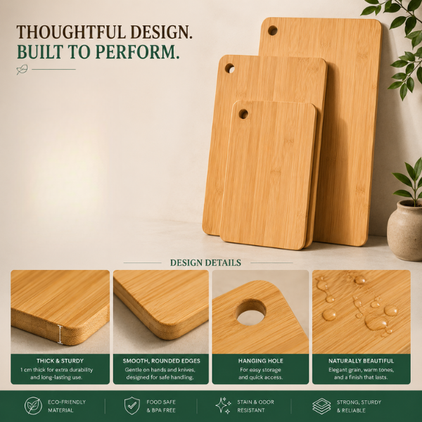 Rectangle Wooden Chopping Board Set of 3 with Stand | Solid Wood Cutting Boards for Kitchen & Serving