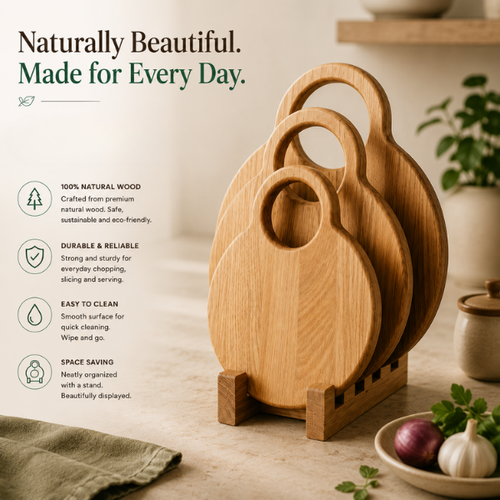 Round Wooden Chopping Board Set of 3 with Stand | Multi-Purpose Cheese & Snack Boards