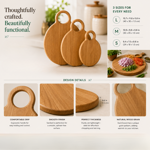 Round Wooden Chopping Board Set of 3 with Stand | Multi-Purpose Cheese & Snack Boards