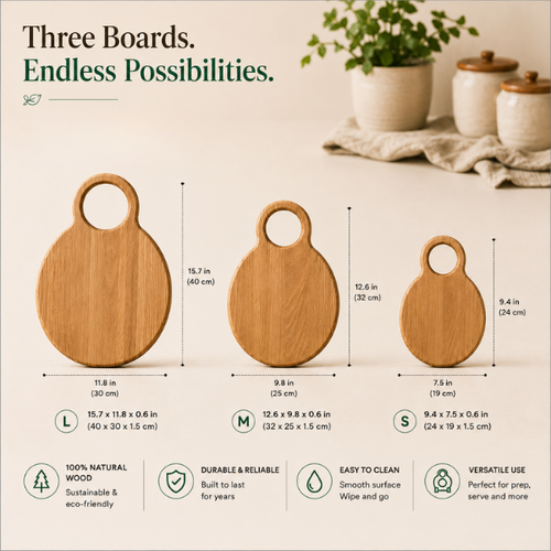 Round Wooden Chopping Board Set of 3 with Stand | Multi-Purpose Cheese & Snack Boards
