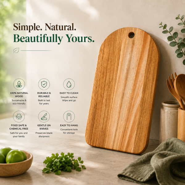 Rustiq Wooden Chopping Board with Handle | Solid Wood Cutting & Serving Board for Kitchen