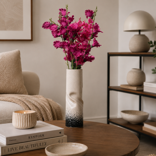 Eternal Loop Vase - Crushed Paper Bag Style Ceramic Vase Cream & Black