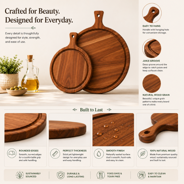 Wooden Pizza & Charcuterie Board Set of 2 with Handle | Solid Wood Serving Boards