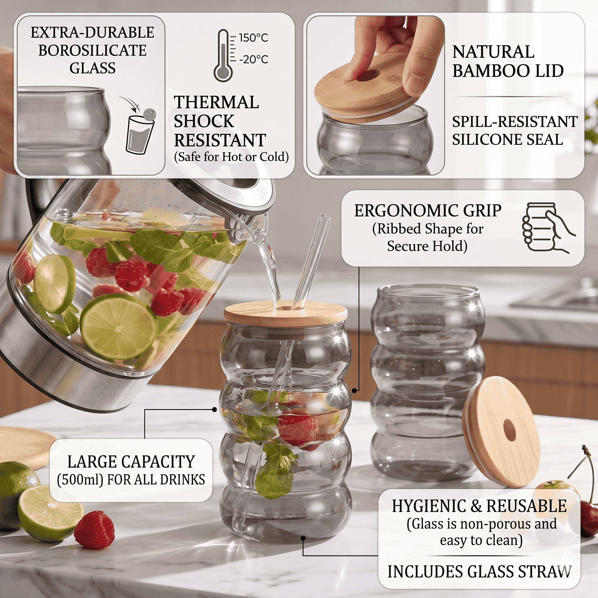 Smoky Grey Ribbed Glass Tumbler Set of 2 with Lid & Straw