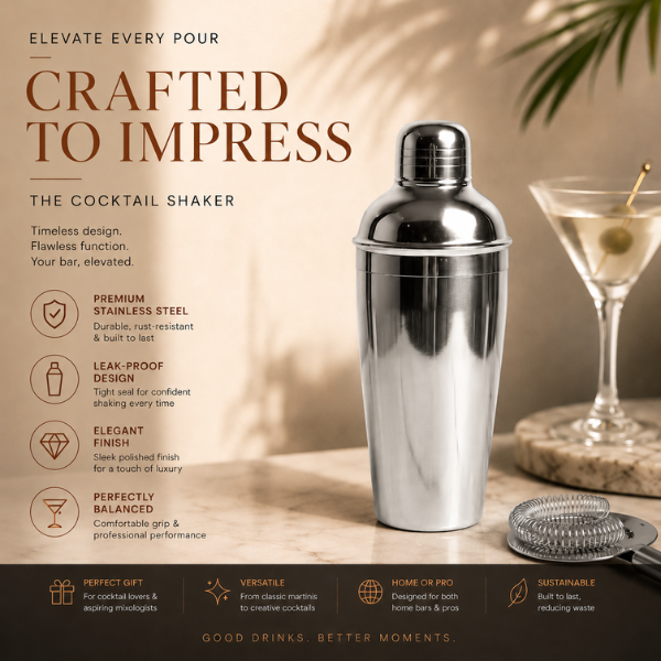 Silver Frost Cocktail Shaker | Stainless Steel Bar Shaker for Cocktails & Mocktails