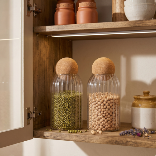 Glass Storage Jars with Cork Lid (Set of 2) | Ribbed Glass Containers for Dry Fruits, Spices & Kitchen Storage