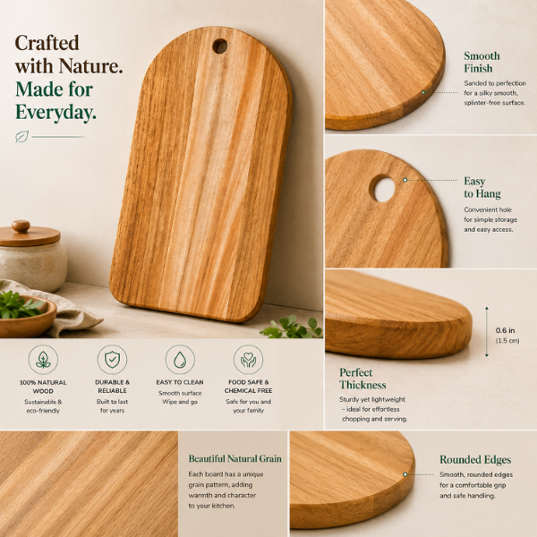 Rustiq Wooden Chopping Board with Handle | Solid Wood Cutting & Serving Board for Kitchen