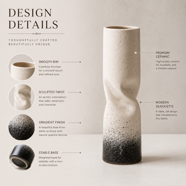 Eternal Loop Vase - Crushed Paper Bag Style Ceramic Vase Cream & Black