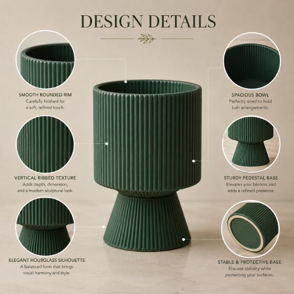 Forest Green Ribbed Ceramic Pedestal Vase