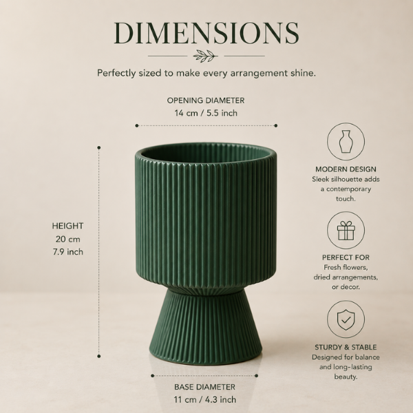 Forest Green Ribbed Ceramic Pedestal Vase