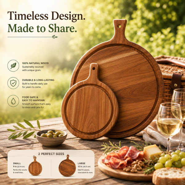 Wooden Pizza & Charcuterie Board Set of 2 with Handle | Solid Wood Serving Boards