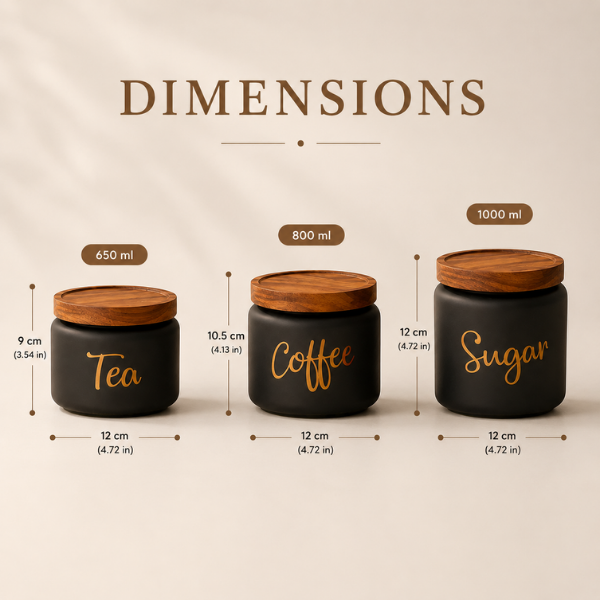 Matte Black Tea Coffee Sugar Canister Set of 3 with Airtight Wooden Lids