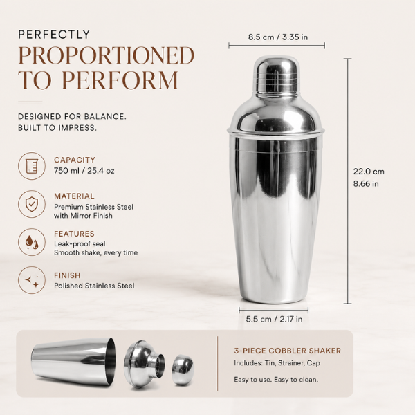 Silver Frost Cocktail Shaker | Stainless Steel Bar Shaker for Cocktails & Mocktails