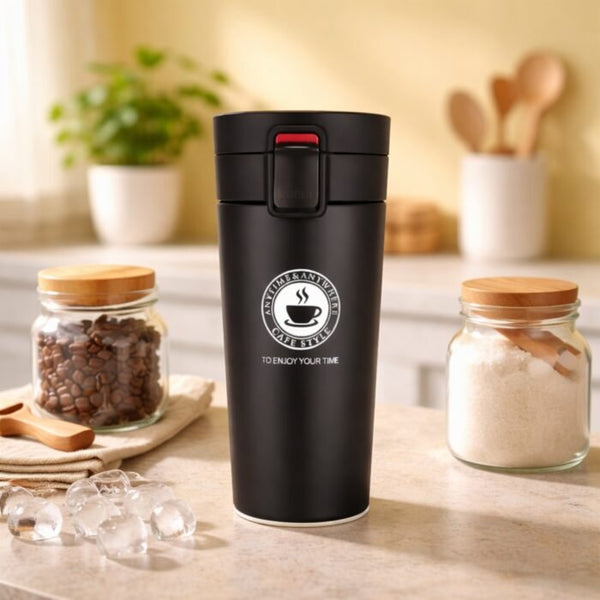 Black Vacuum Insulated Stainless Steel Coffee Mug with Lid | Leakproof Travel Tumbler – 450 ML