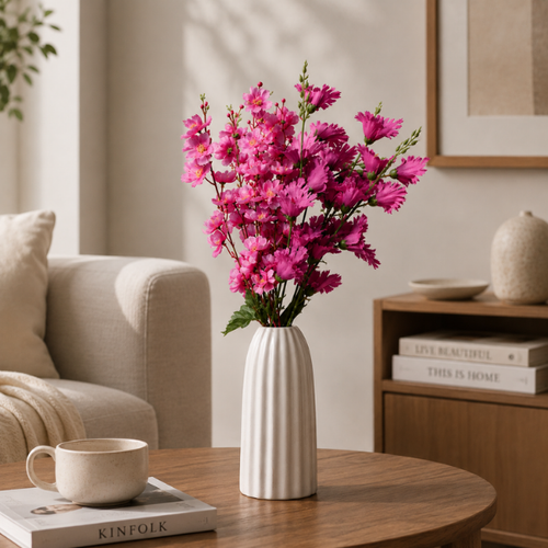 Pearl Crest Vase - Vertical Ribbed White Ceramic Vase Modern Fluted Design