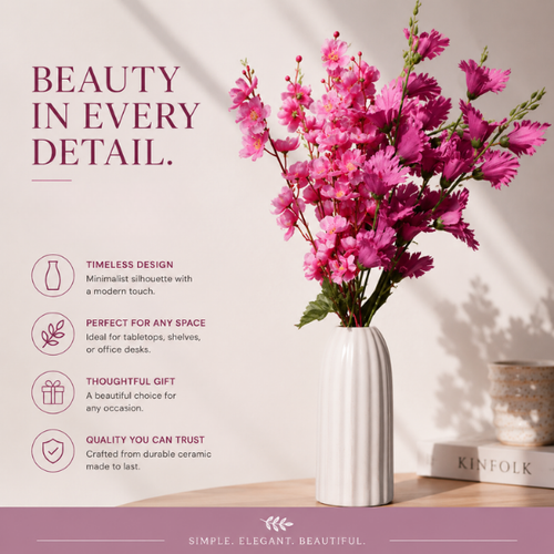 Pearl Crest Vase - Vertical Ribbed White Ceramic Vase Modern Fluted Design