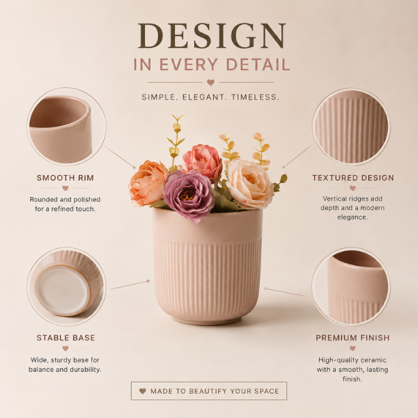Petite Blush Flute Small Ribbed Ceramic Bud Vase - Matte Blush Pink