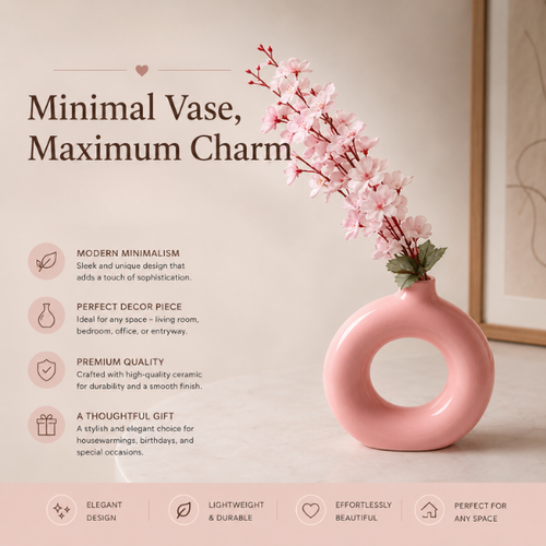 Rose Halo Vase - Pink Ceramic Donut Vase Modern Circular Hollow Flower Pot