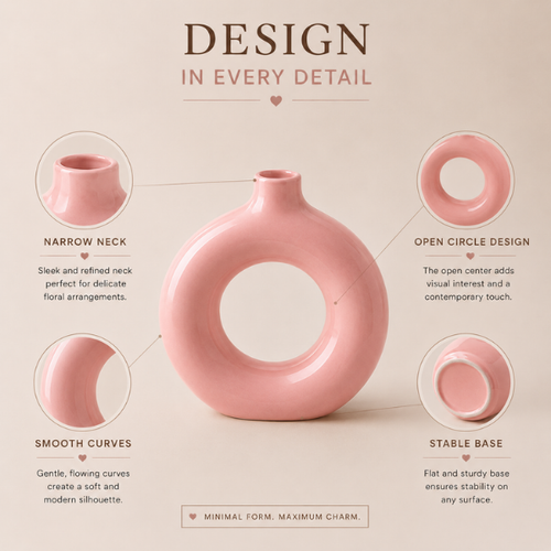 Rose Halo Vase - Pink Ceramic Donut Vase Modern Circular Hollow Flower Pot