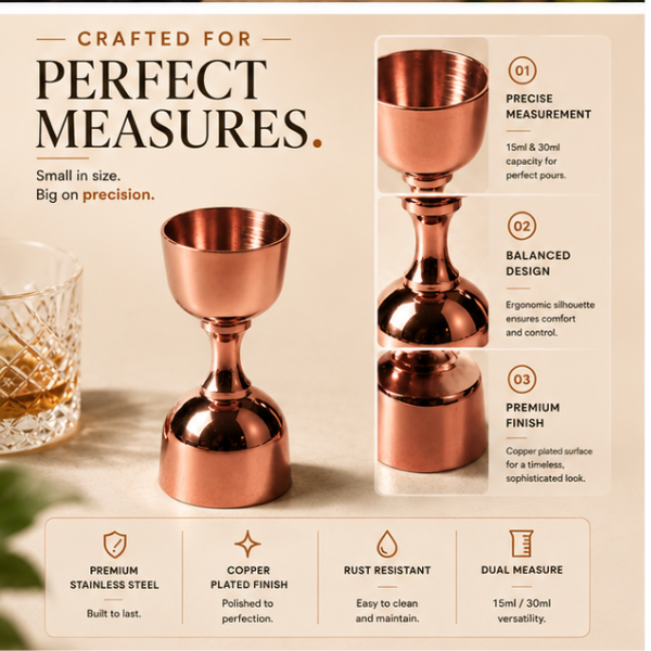 Coppercrest Measure-Elegant Polished Gold Cocktail Jigger – Precision Dual Spirit Measure-Stainless Steel Cocktail Measure for Home Bar