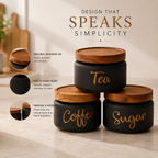 Matte Black Tea Coffee Sugar Canister Set of 3 with Airtight Wooden Lids