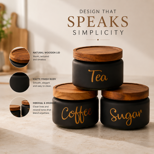 Matte Black Tea Coffee Sugar Canister Set of 3 with Airtight Wooden Lids