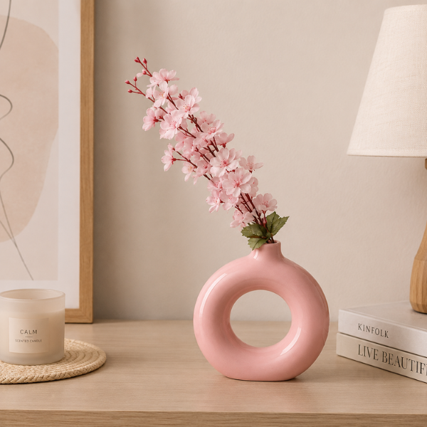 Rose Halo Vase - Pink Ceramic Donut Vase Modern Circular Hollow Flower Pot
