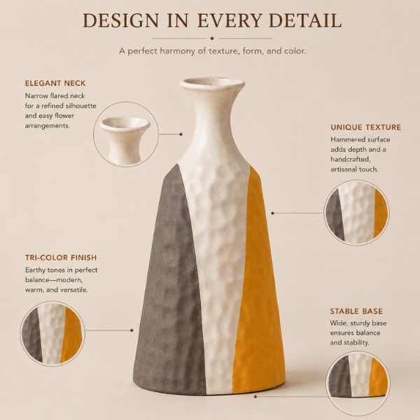 Sunset Blend Vase - Three Tone Geometric Ceramic Vase Textured Grey White and Ochre