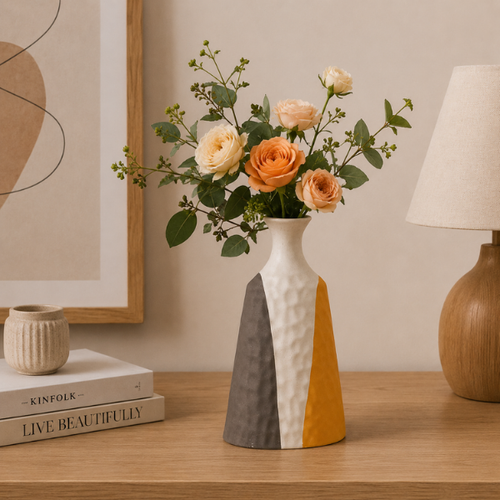 Sunset Blend Vase - Three Tone Geometric Ceramic Vase Textured Grey White and Ochre