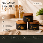 Matte Black Tea Coffee Sugar Canister Set of 3 with Airtight Wooden Lids