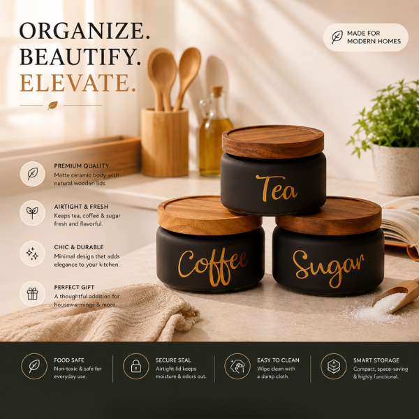 Matte Black Tea Coffee Sugar Canister Set of 3 with Airtight Wooden Lids