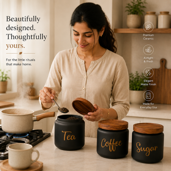 Matte Black Tea Coffee Sugar Canister Set of 3 with Airtight Wooden Lids