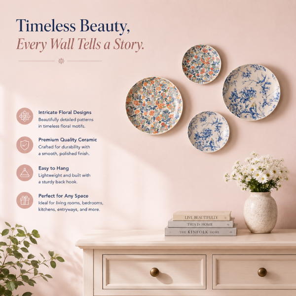 Mixed Pattern Floral Decorative Plates for Wall Display – Set of 4