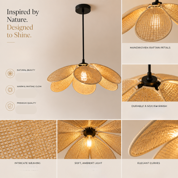 SkyHalo Pendant Lamp – Woven Rattan Petal Pendant Ceiling Light