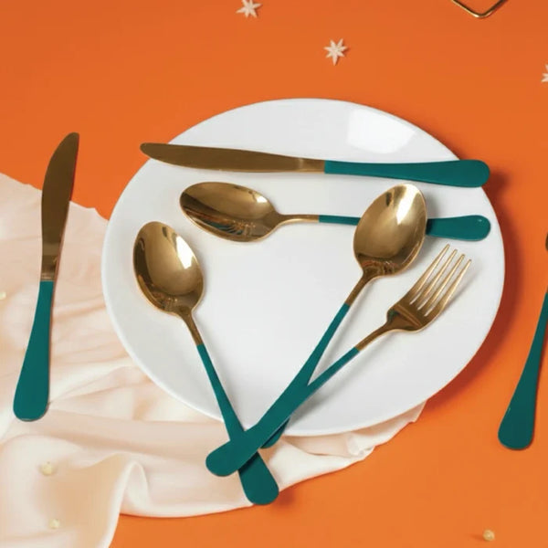 Emerald Gold Cutlery -Stainless Steel Cutlery Set with Stand: 24pc