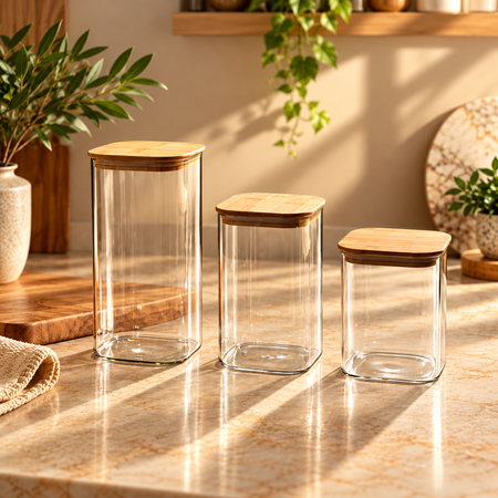 Square Borosilicate Glass Storage Jars – Airtight Food Containers for Pulses, Rice & Grains, Set of 3