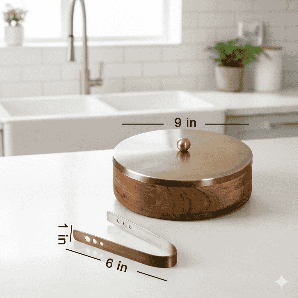 Luxury Brass & Wood Roti Box Set – Insulated Hot Pot with Gold Finish Lid & Serving Tongs